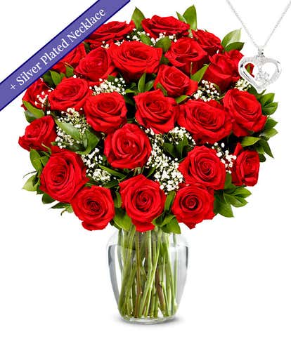 Two Dozen Red Roses with Sterling Silver Heart Necklace