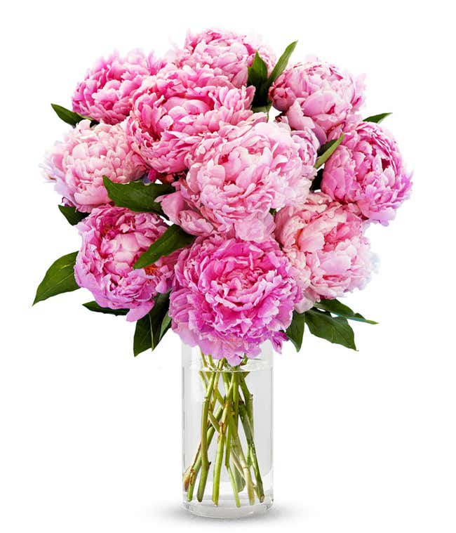 A stunning arrangement of 10 assorted pink peonies, optionally presented in a glass vase. These lush and fragrant peonies create a beautiful and elegant display, perfect for adding a touch of romance to any setting.