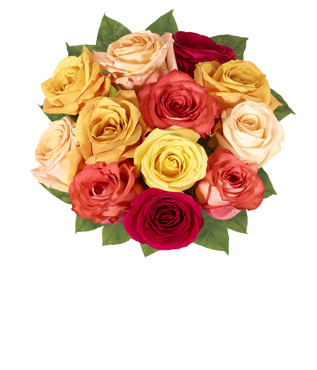 Partial image of A stunning floral arrangement featuring orange roses, red roses, and yellow roses, optionally presented in a glass vase. without vase.