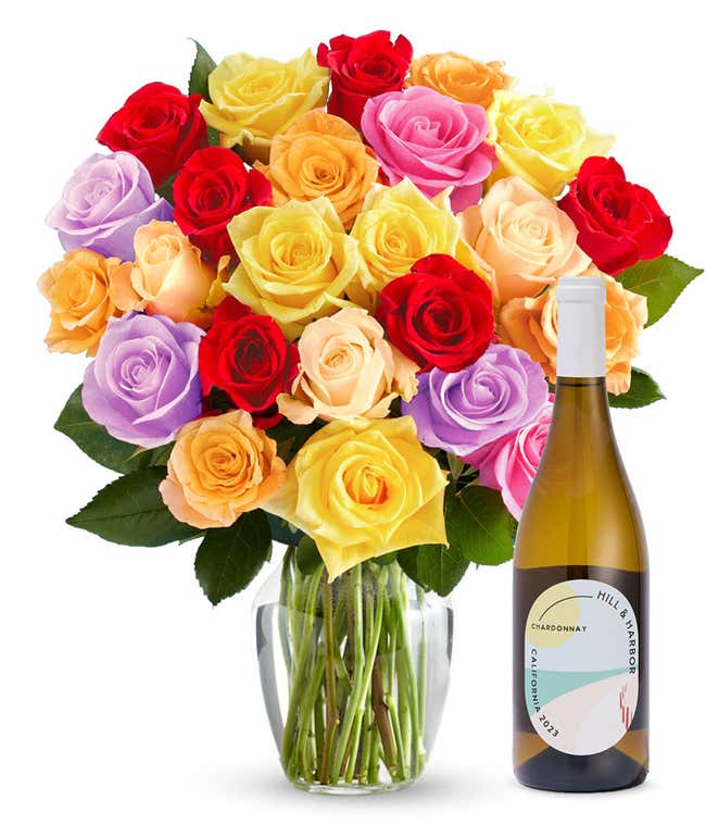 Two Dozen Rainbow Roses with White Wine