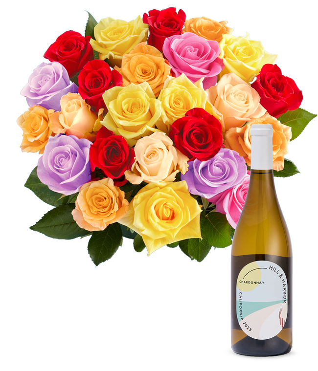 Partial image of Two Dozen Rainbow Roses with White Wine without vase.