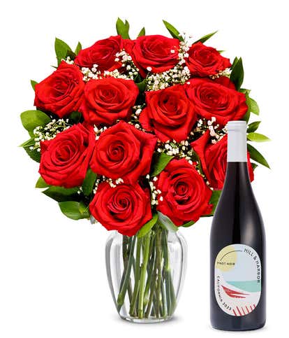 One Dozen Red Roses with Red Wine