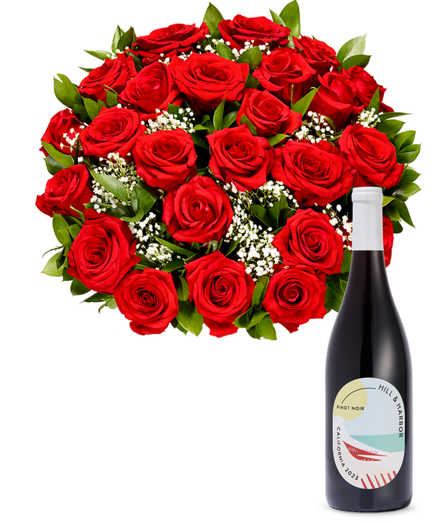 Partial image of Two Dozen Red Roses with Red Wine without vase.