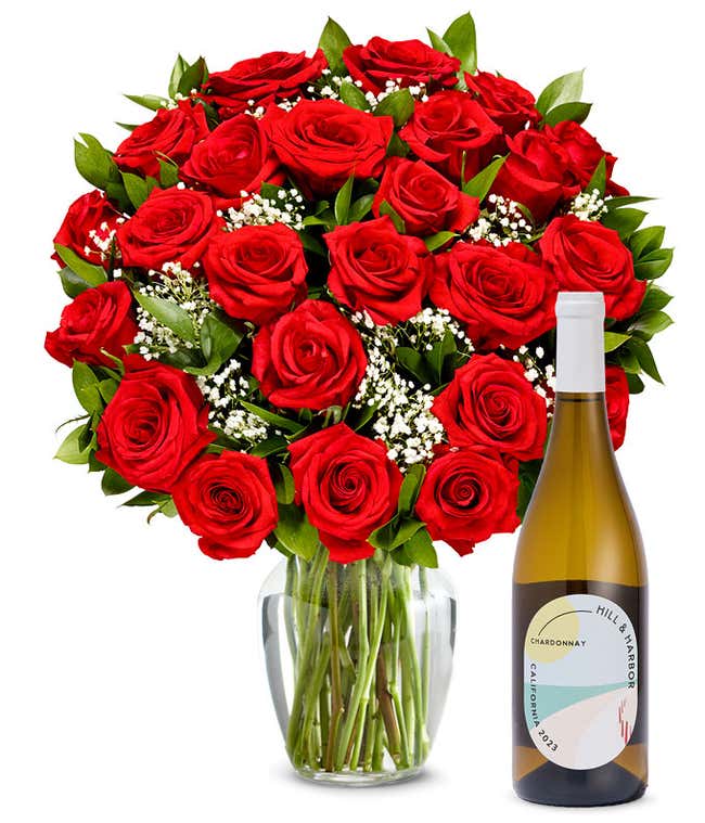 Two Dozen Red Roses with White Wine