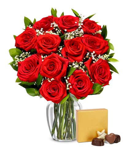 One Dozen Red Roses with Chocolates