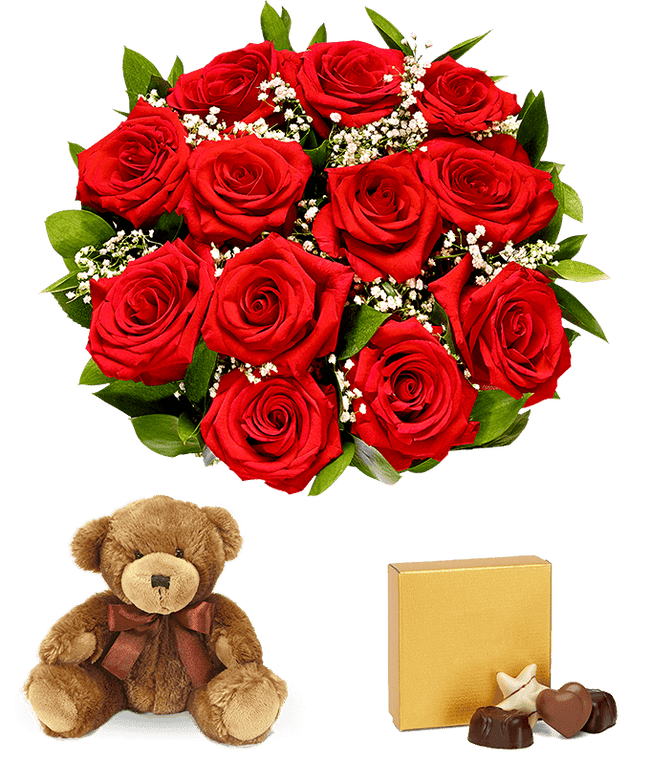 Partial image of A romantic gift set featuring long stem red roses, a box of chocolates, and a plush teddy bear. This perfect combination offers a heartfelt and memorable display for any special occasion. without vase.