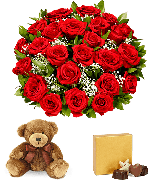 Partial image of Two dozen red roses delivered with teddy bear and chocolates without vase.
