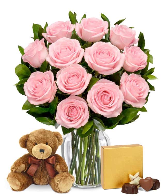 One dozen pink roses, teddy bear and box of chocolates