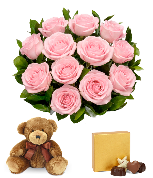 Partial image of One dozen pink roses, teddy bear and box of chocolates without vase.