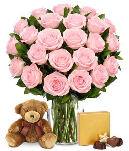 Two Dozen Pink Roses with Chocolates and a Bear