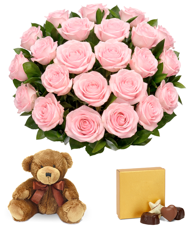 Partial image of Two dozen pink roses delivered for Valentine with bear and chocolates without vase.