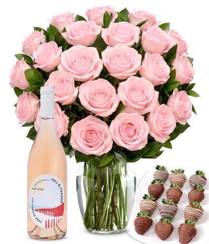 Two Dozen Pink Roses, Ros&eacute;, and Chocolate Dipped Strawberries