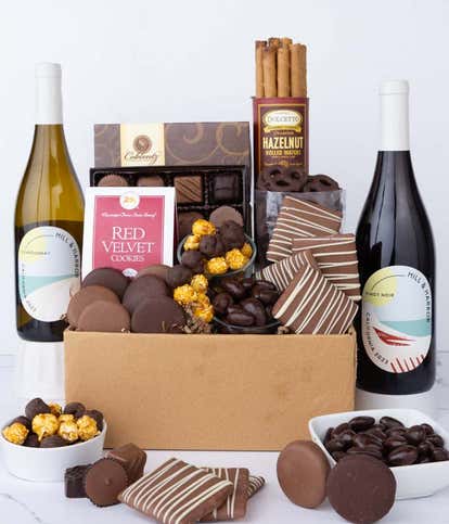 Deluxe Sweet Treats Chocolate Gift Box with Red & White Wine