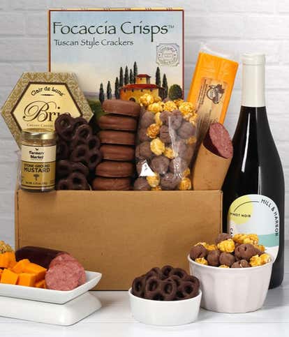 Sweet & Savory Gourmet Gift Box with Red Wine