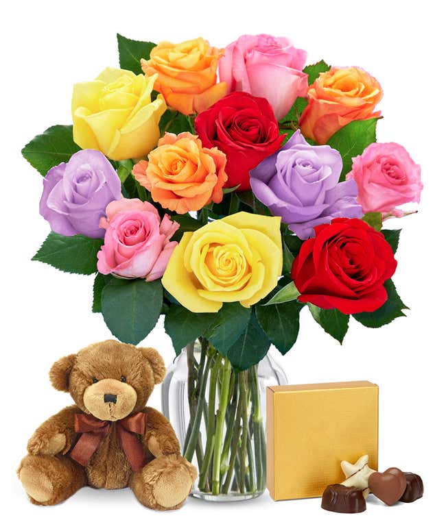 Mixed roses, teddy bear and chocolates