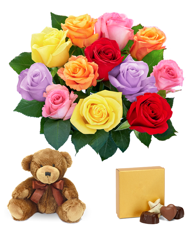 Partial image of Mixed roses, teddy bear and chocolates without vase.