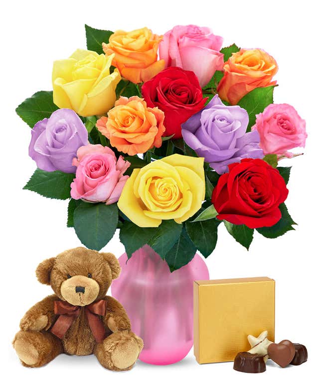 Mixed roses, teddy bear and chocolates