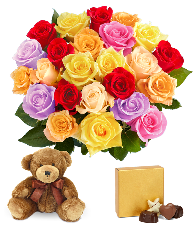 Partial image of Two Dozen Mixed Valentine's Day Roses with Chocolates and a Bear without vase.
