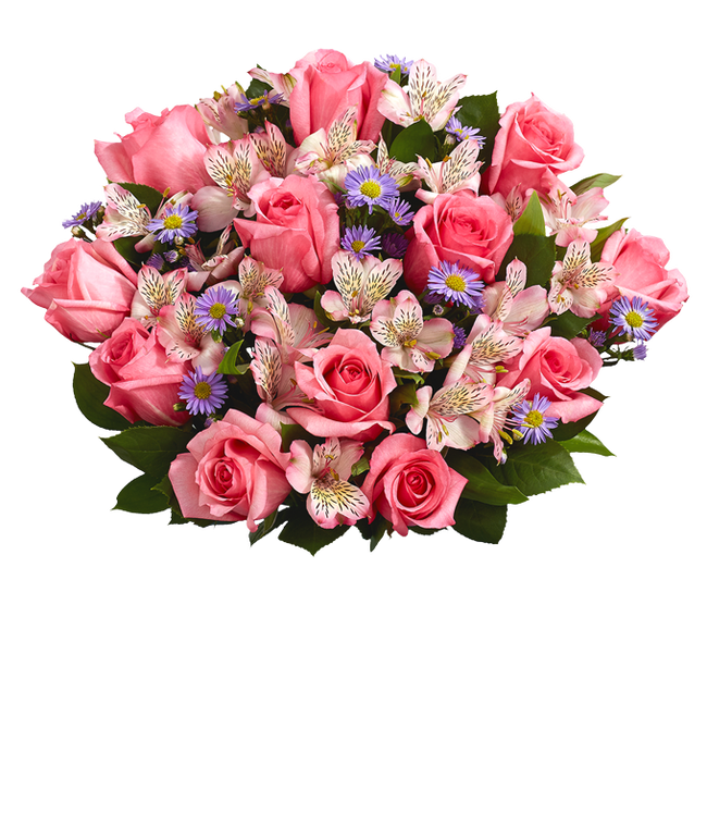 Partial image of A bouquet of pink roses, pink alstroemeria, and purple monte casino in a clear glass vase without vase.