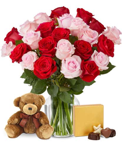 Two Dozen Red & Pink Roses with Chocolates & Bear