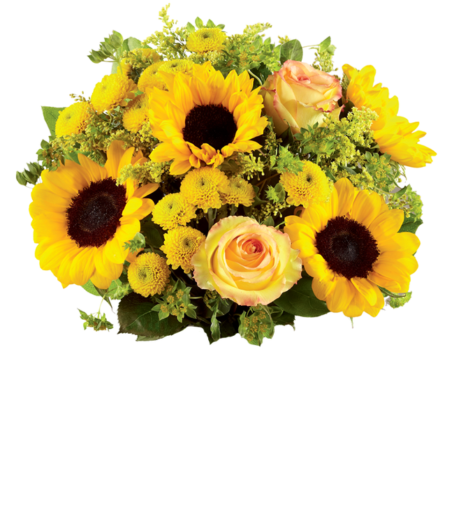 Partial image of A bouquet featuring yellow/orange bi-color roses, sunflowers, yellow button poms, yellow solidago, and bupleurum, with an optional vase. without vase.