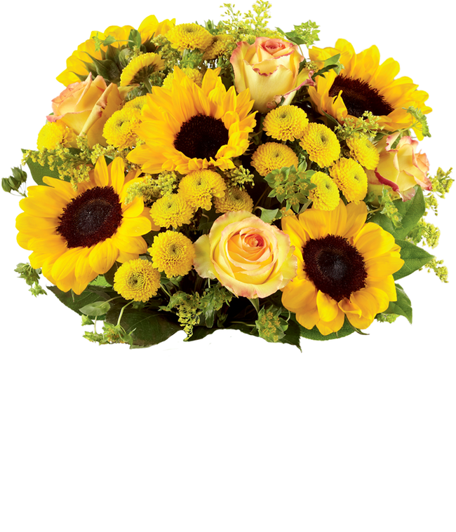 Partial image of A vibrant arrangement featuring yellow/orange bi-color roses, sunflowers, yellow button poms, yellow solidago, and bupleurum, optionally presented in a vase. This cheerful display brings a burst of sunshine and joy to any occasion. without vase.