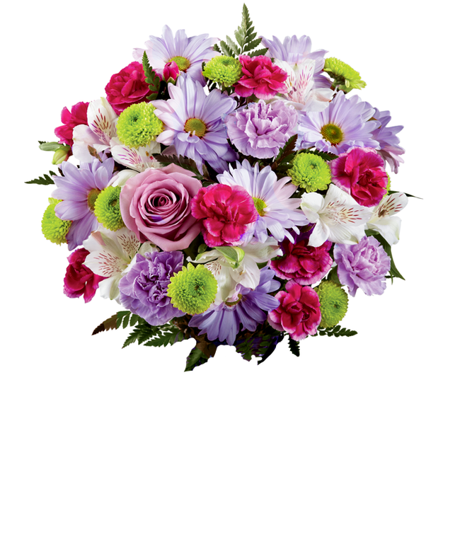 Partial image of A bouquet featuring lavender daisies, lavender roses, hot pink mini carnations, lavender carnations, white alstroemeria, and green button poms, with an optional vase. without vase.