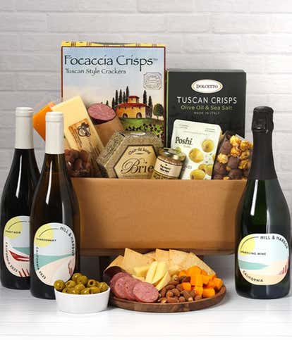 Charcuterie, Cheese & California Wine Gourmet Gift Box - Red, White & Sparkling Wine