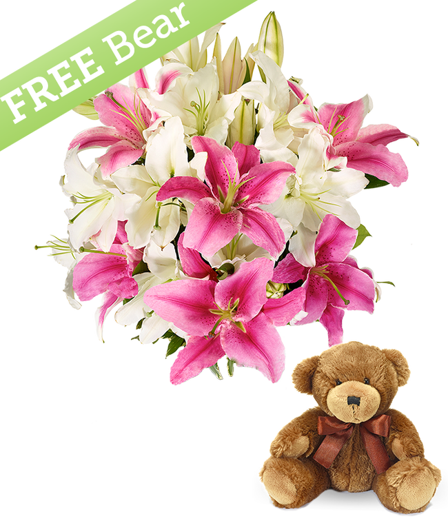 Partial image of Pink and White Lilies with Free Bear without vase.