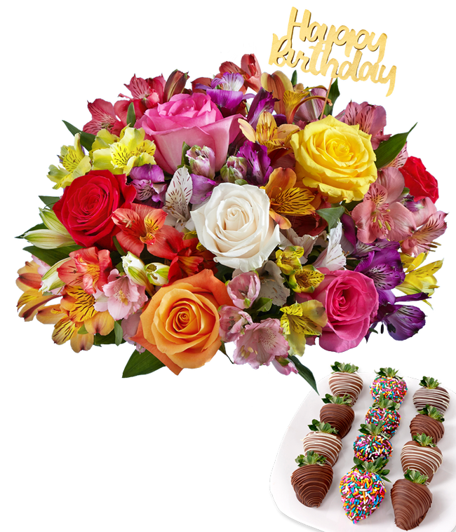 Partial image of Flower arrangement with mixed roses and multicolor alstroemeria in a clear glass vase, accented with a gold Happy Birthday pick and paired with chocolate-covered strawberries in festive drizzle and rainbow sprinkle designs. without vase.