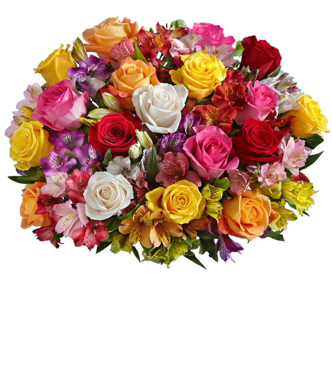 Partial image of A bouquet featuring mixed roses and alstroemerias, with an optional vase. without vase.