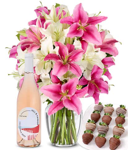 Premium Pink & White Lilies, Ros&eacute; Wine, and Chocolate Dipped Strawberries