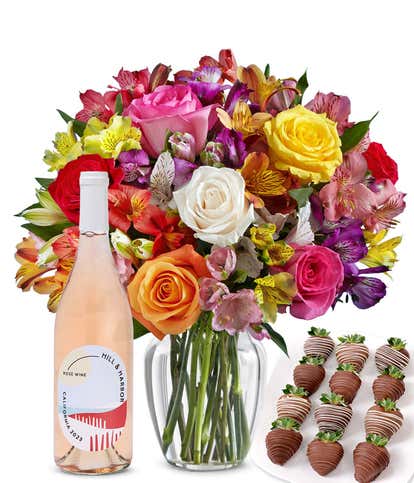 Bright & Sunny Rose Bouquet, Ros&eacute; Wine and Chocolate Dipped Strawberries