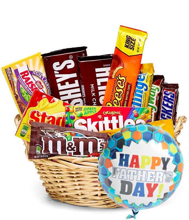 Chocolate &amp; candy variety with keepsake basket and Father's Day Mylar balloon.