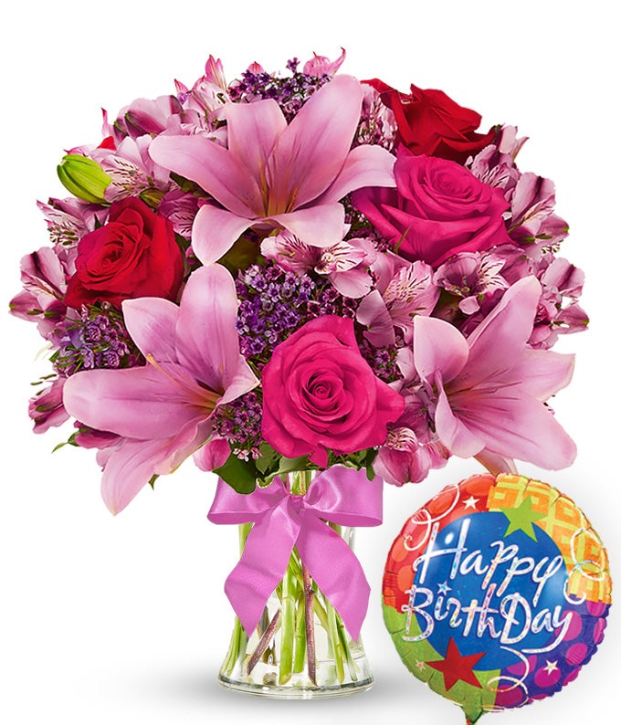 Same-Day Birthday and Anniversary Bouquet with Roses and Lilies at