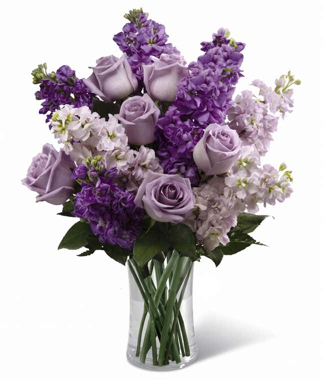 Purple roses and stock in glass vase