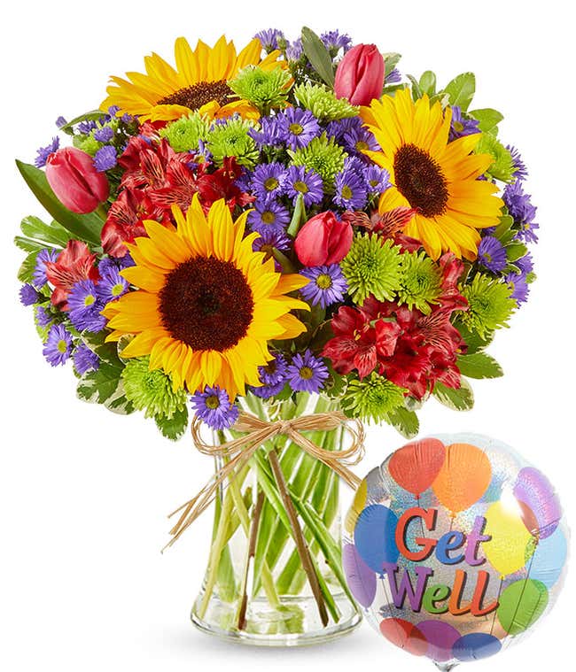 Get well soon flower arrangement with sunflowers, tulips and get well balloon