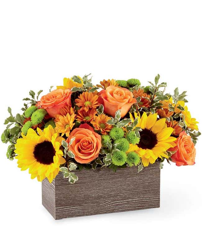 Fall flower arrangement with orange roses, yellow sunflowers, bronze daisies, green button poms, and variegated greenery in a rectangular wood-textured container.