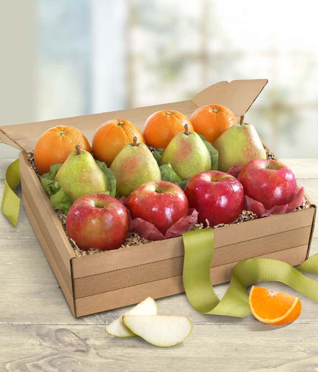 fruit gift box with apples, oranges, and pears