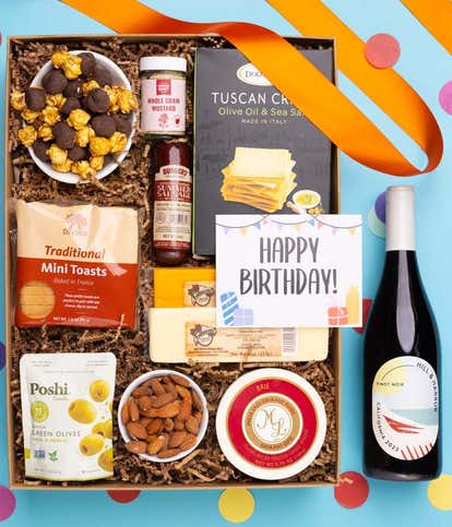 Happy Birthday! Deluxe Charcuterie & Cheese Gift Box with Red Wine