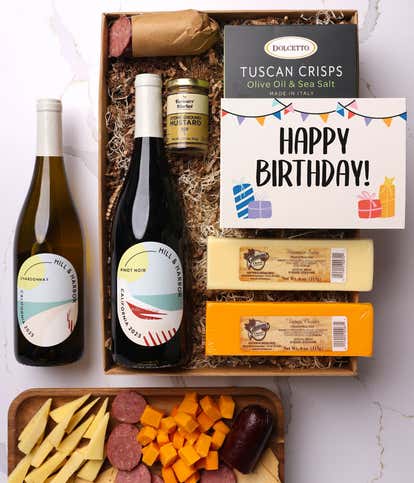Happy Birthday! Cheese & Meat Gift Box with California Red & White Wine