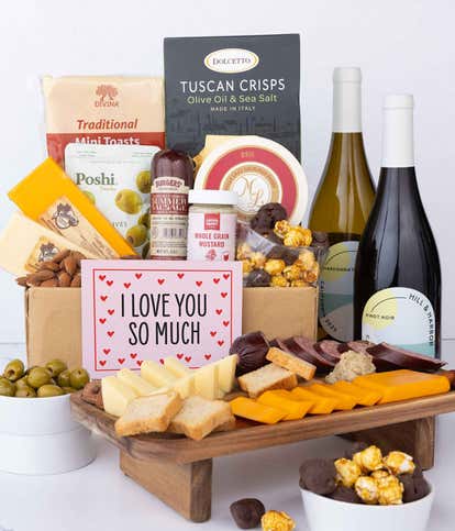 I Love You! Deluxe Cheese & Charcuterie Gift Box with Red & White Wine