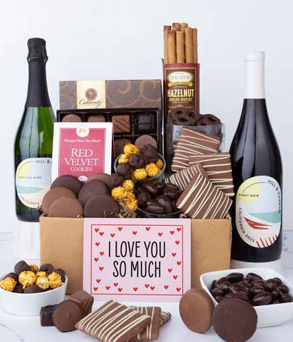 I Love You! Deluxe Sweet Treats Chocolate Box with Red & Sparkling Wine
