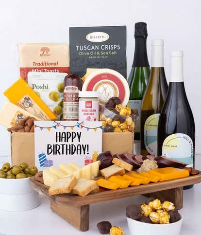 Happy Birthday! Charcuterie, Cheese & California Wine Gourmet Gift Box - Red, White & Sparkling Wine