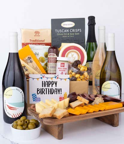 Happy Birthday! Charcuterie, Cheese & California Wine Gourmet Gift Box - Red, White, Ros&eacute; & Sparkling Wine