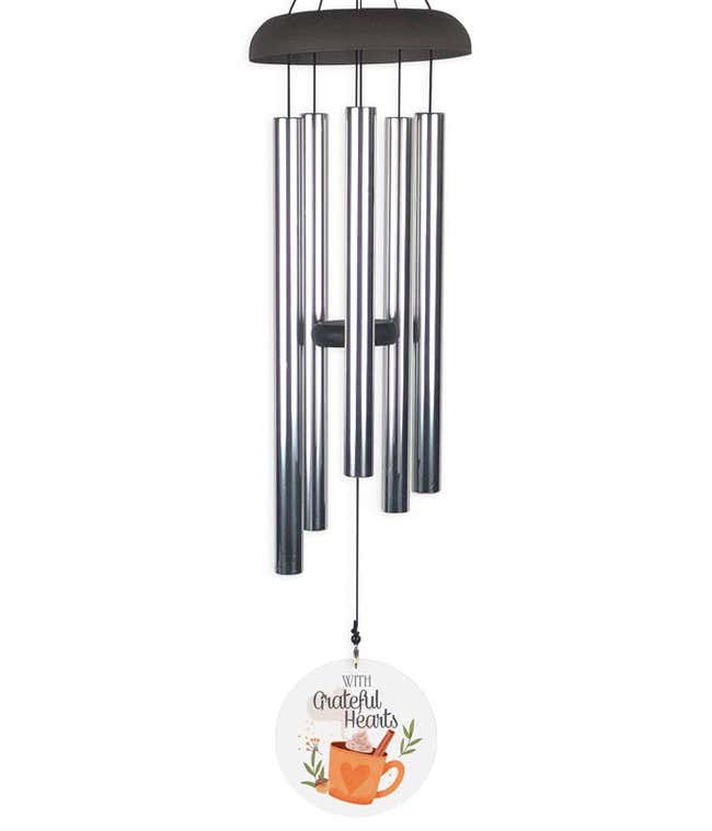Thanksgiving-themed wind chime with pumpkin spice latte and pie design, featuring gratitude messages.